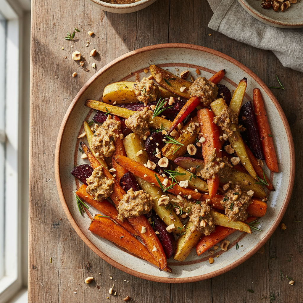Roasted Roots with Toasted Hazelnut Butter